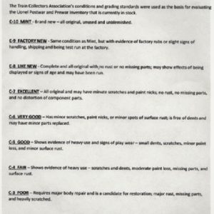 LIONEL POSTWAR TRAIN COLLECTORS ASSOCIATION GRADING SYSTEM