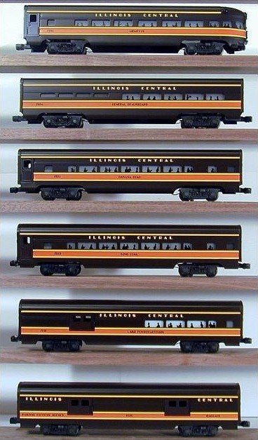LIONEL 7220 THRU 7225 ILLINOIS CENTRAL ALUMINUM PASSENGER CAR SET
