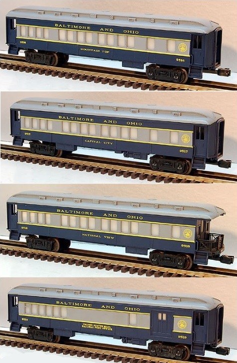 LIONEL 9516, 9517, 9518, 9519 BALTIMORE AND OHIO PASSENGER CAR SET